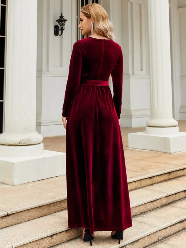 Velvet Maxi Dress with Belted Waist and Long Sleeves