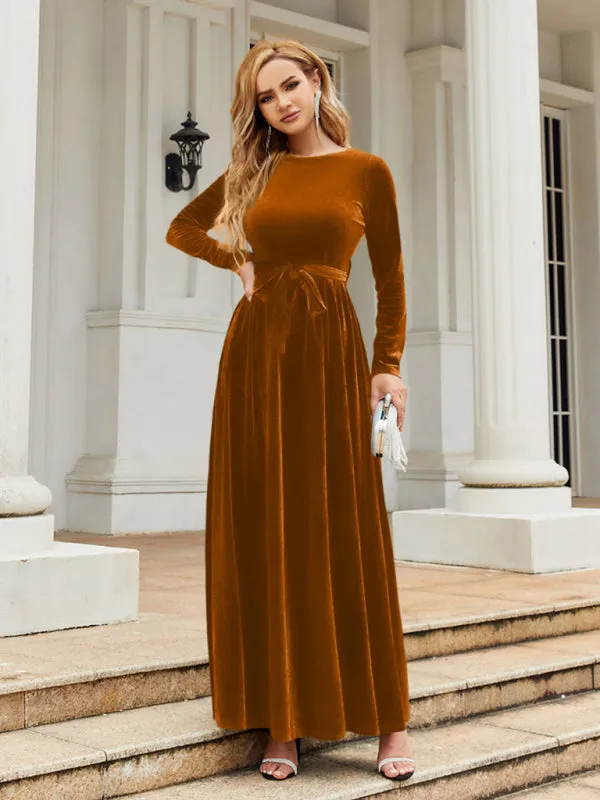 Velvet Maxi Dress with Belted Waist and Long Sleeves