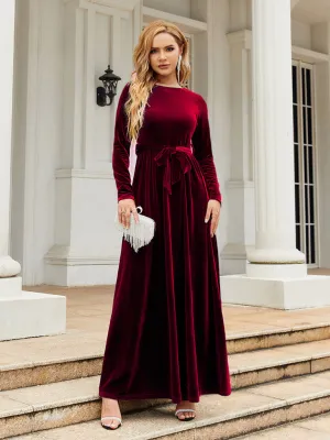 Velvet Maxi Dress with Belted Waist and Long Sleeves