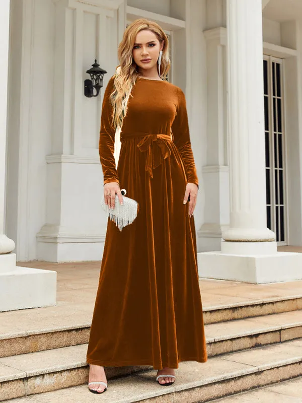 Velvet Maxi Dress with Belted Waist and Long Sleeves