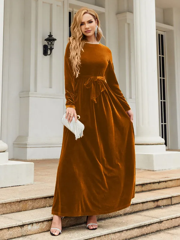Velvet Maxi Dress with Belted Waist and Long Sleeves