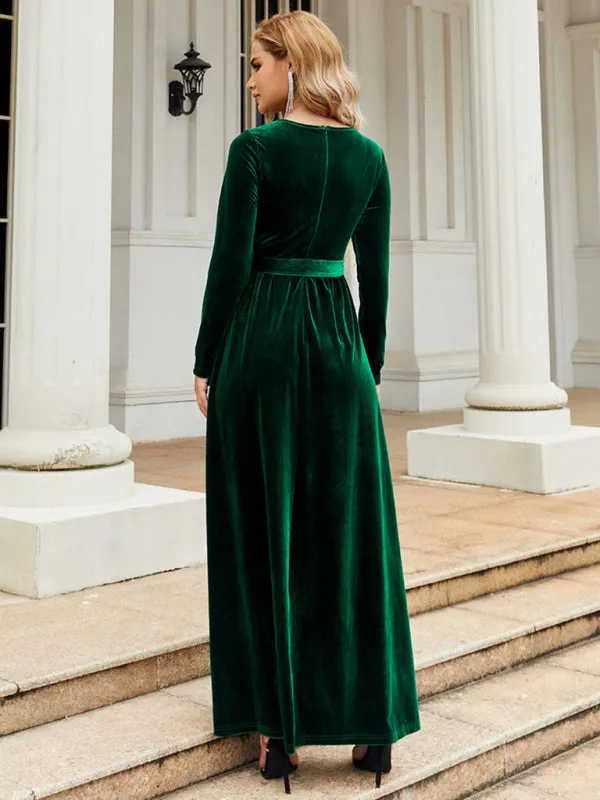 Velvet Maxi Dress with Belted Waist and Long Sleeves