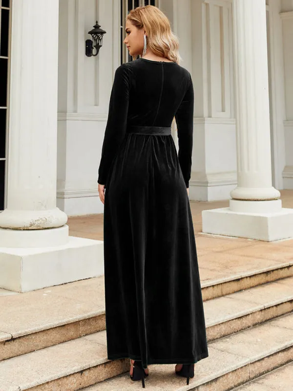 Velvet Maxi Dress with Belted Waist and Long Sleeves
