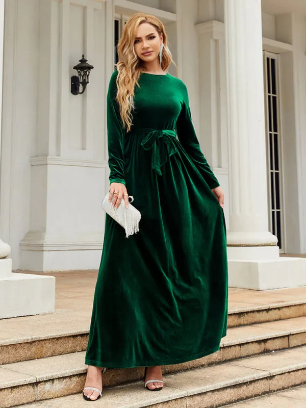 Velvet Maxi Dress with Belted Waist and Long Sleeves