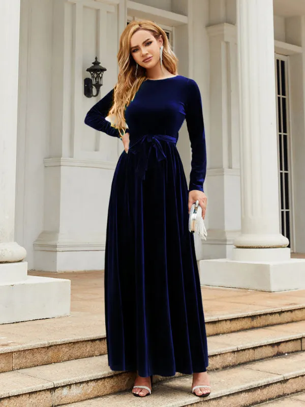 Velvet Maxi Dress with Belted Waist and Long Sleeves