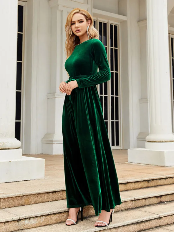 Velvet Maxi Dress with Belted Waist and Long Sleeves