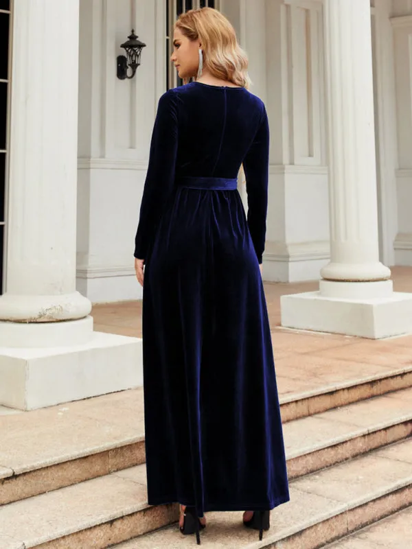 Velvet Maxi Dress with Belted Waist and Long Sleeves