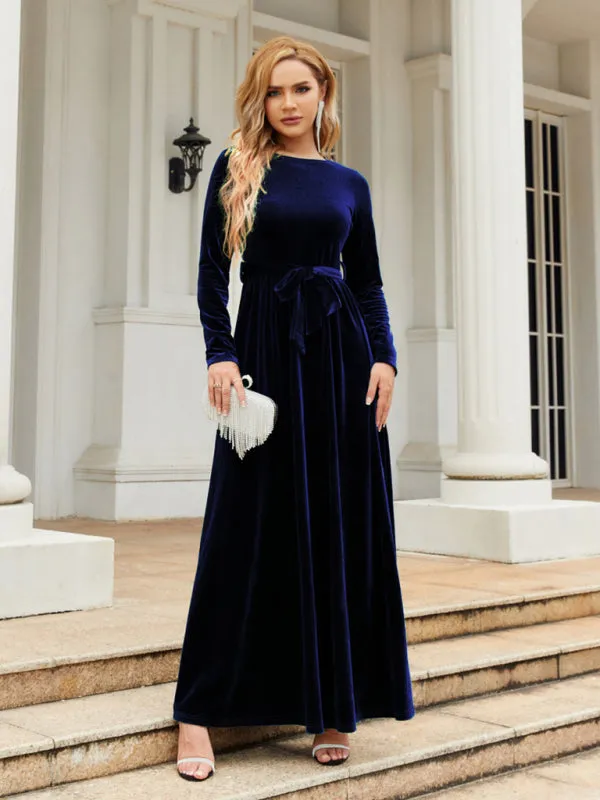 Velvet Maxi Dress with Belted Waist and Long Sleeves