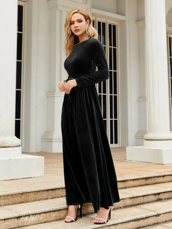 Velvet Maxi Dress with Belted Waist and Long Sleeves