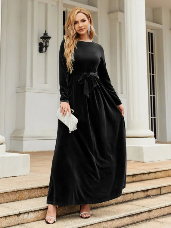 Velvet Maxi Dress with Belted Waist and Long Sleeves