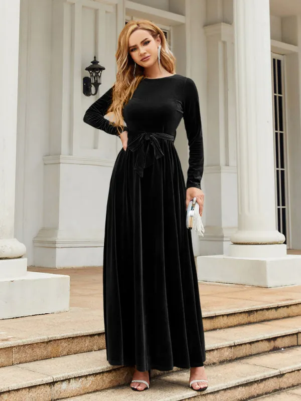 Velvet Maxi Dress with Belted Waist and Long Sleeves