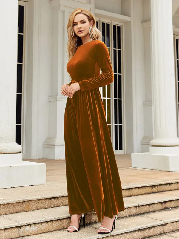 Velvet Maxi Dress with Belted Waist and Long Sleeves