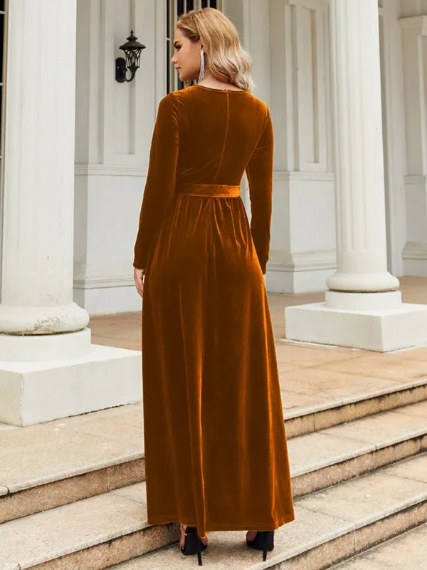 Velvet Maxi Dress with Belted Waist and Long Sleeves