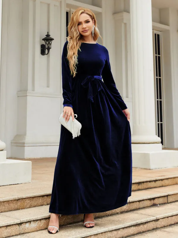 Velvet Maxi Dress with Belted Waist and Long Sleeves