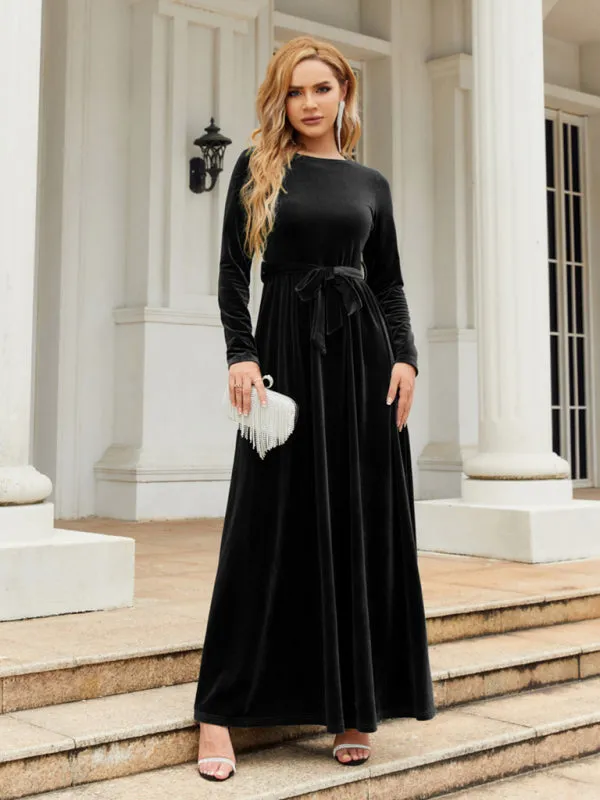 Velvet Maxi Dress with Belted Waist and Long Sleeves