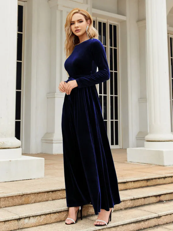 Velvet Maxi Dress with Belted Waist and Long Sleeves