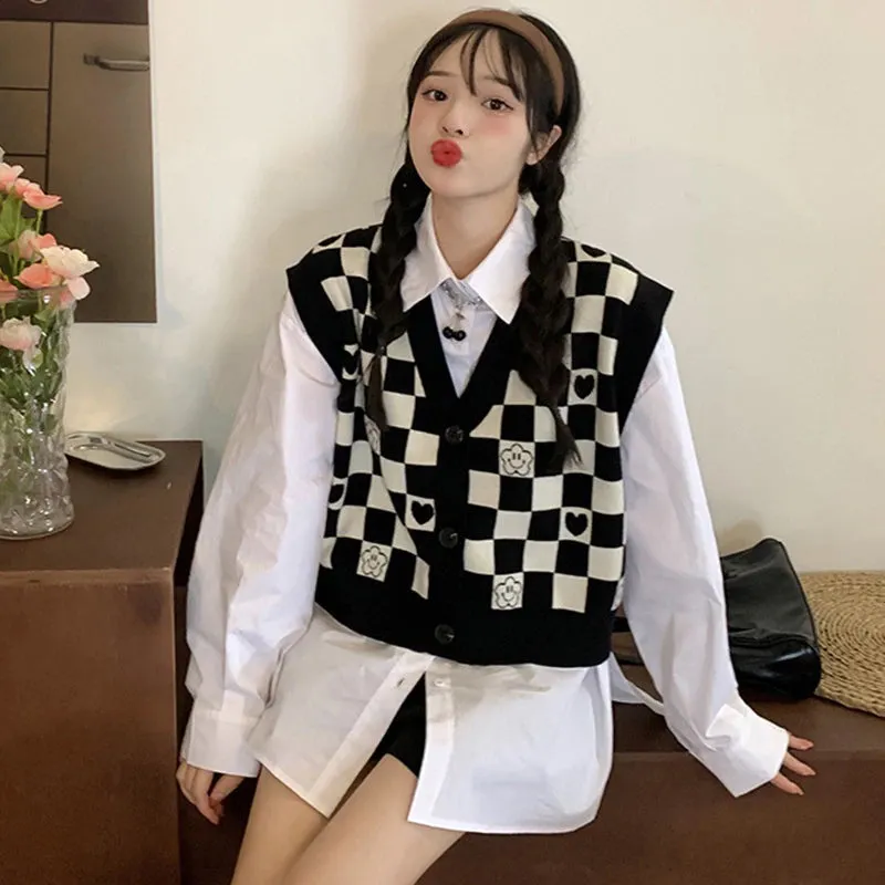 Vintage Plaid Checkered Knitted Vest Sweater