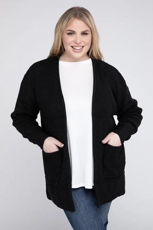 Waffle Open Cardigan Sweater, Various Colors, Zenana (Plus size only)