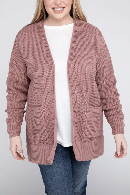 Waffle Open Cardigan Sweater, Various Colors, Zenana (Plus size only)