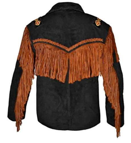 Western Black Suede Leather Fringe Beaded Jacket for Men MWJ510