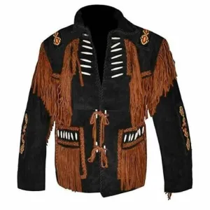 Western Black Suede Leather Fringe Beaded Jacket for Men MWJ510