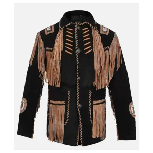 Western Black Suede Leather Fringe Beaded Jacket for Men MWJ516