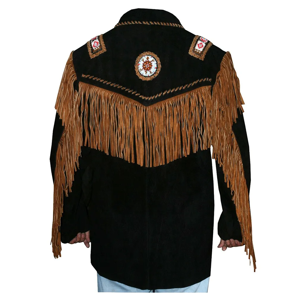 Western Black Suede Leather Fringe Beaded Jacket for Men MWJ516