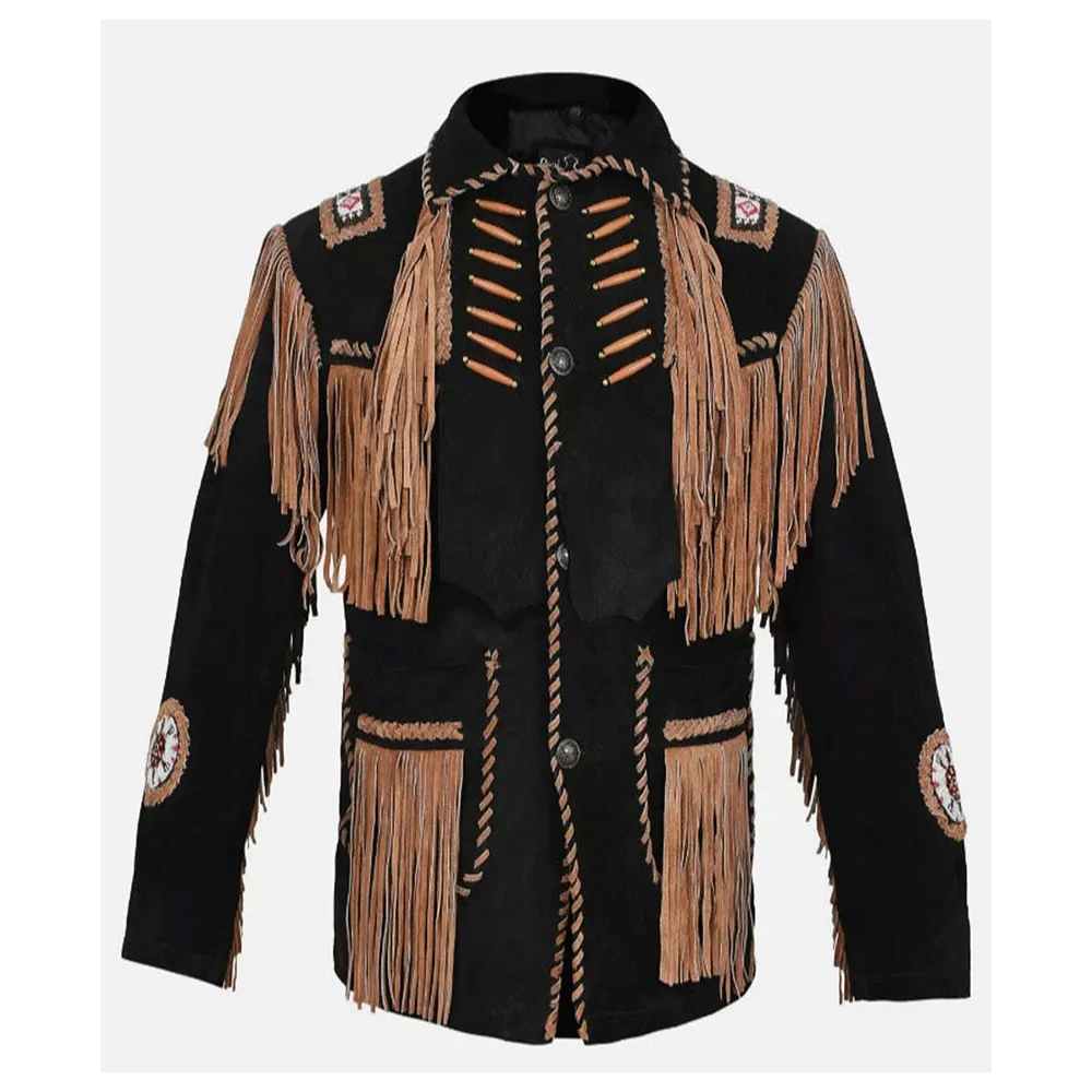 Western Black Suede Leather Fringe Beaded Jacket for Men MWJ516