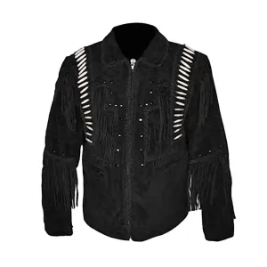 Western Black Suede Leather Fringe Jacket for Men MWJ539