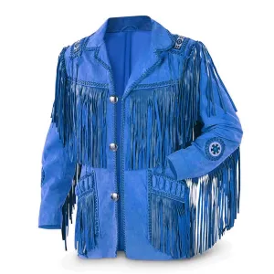 Western Blue Suede Leather Fringe Beaded Jacket for Men MWJ601