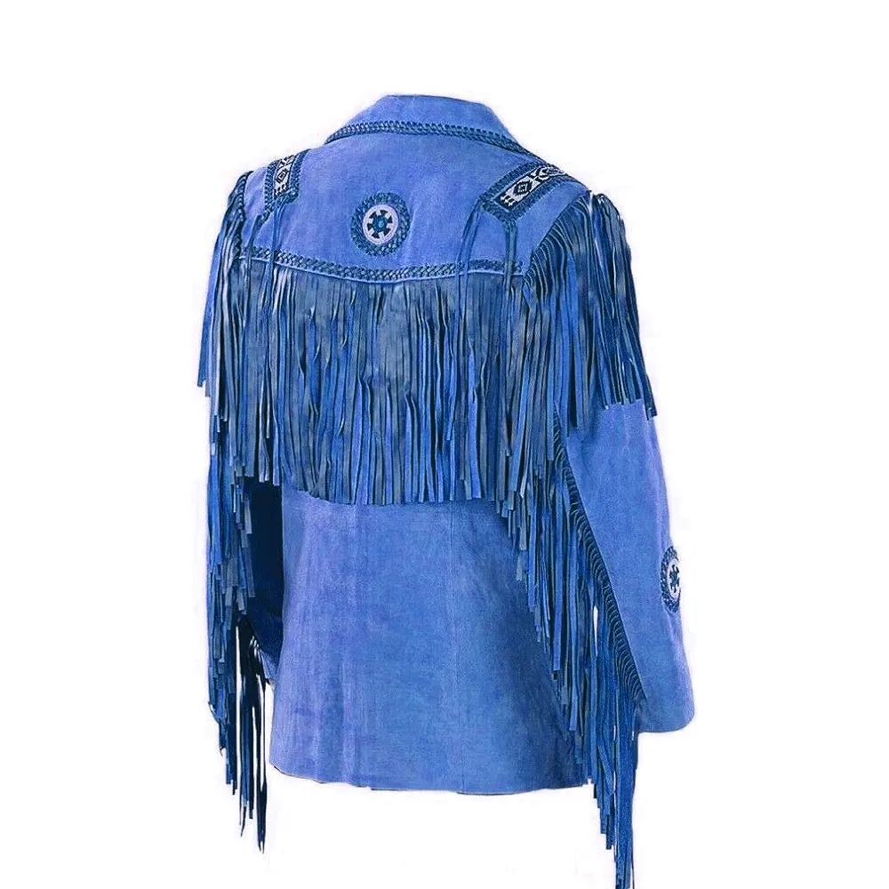 Western Blue Suede Leather Fringe Beaded Jacket for Men MWJ601