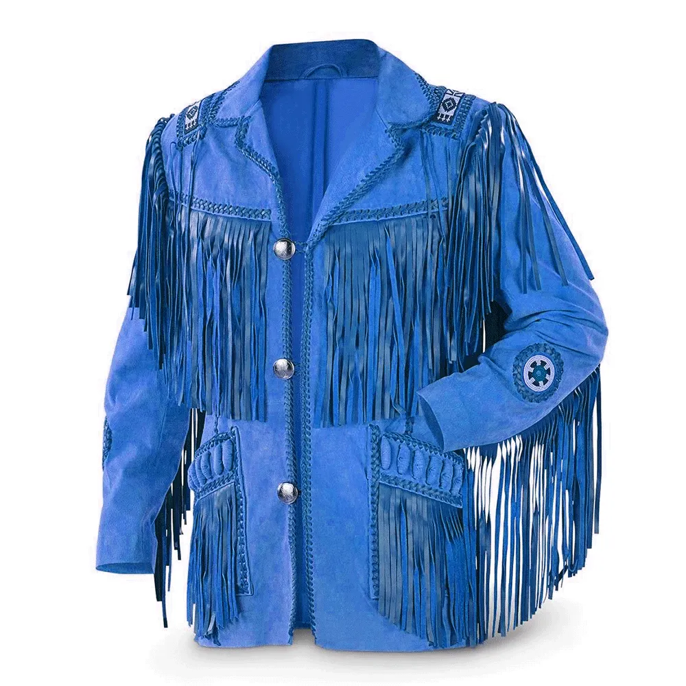 Western Blue Suede Leather Fringe Beaded Jacket for Men MWJ601