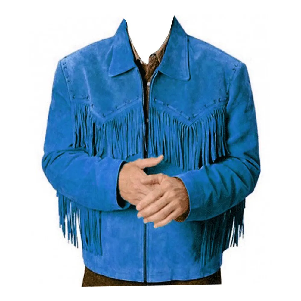 Western Blue Suede Leather Fringe Jacket for Men MWJ607
