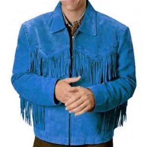 Western Blue Suede Leather Fringe Jacket for Men MWJ607