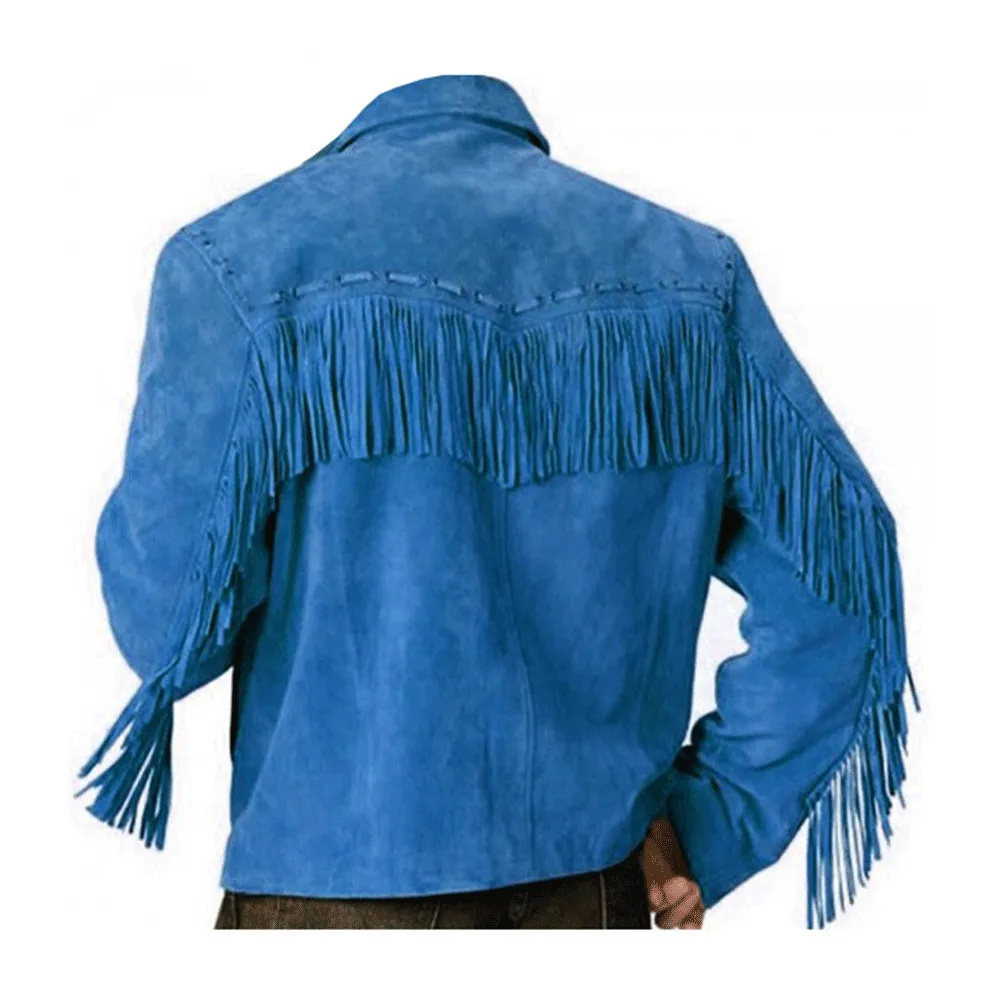 Western Blue Suede Leather Fringe Jacket for Men MWJ607