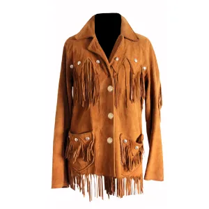 Western Brown Suede Fringe Leather Jacket for Men MWJ777