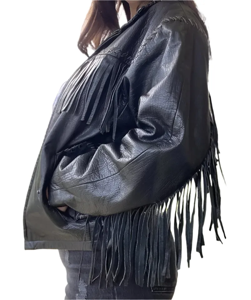 Western Fringe Black Leather Jacket for Women Cowgirl WFJ740