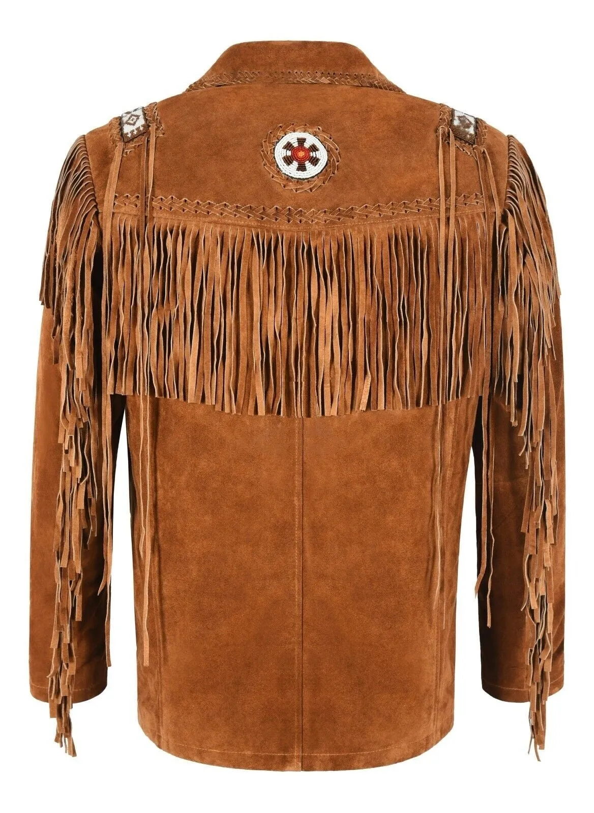 Western Fringe Brown Suede Leather Beaded Jacket for Men MWJ790