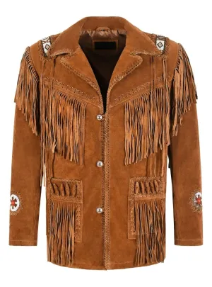 Western Fringe Brown Suede Leather Beaded Jacket for Men MWJ790