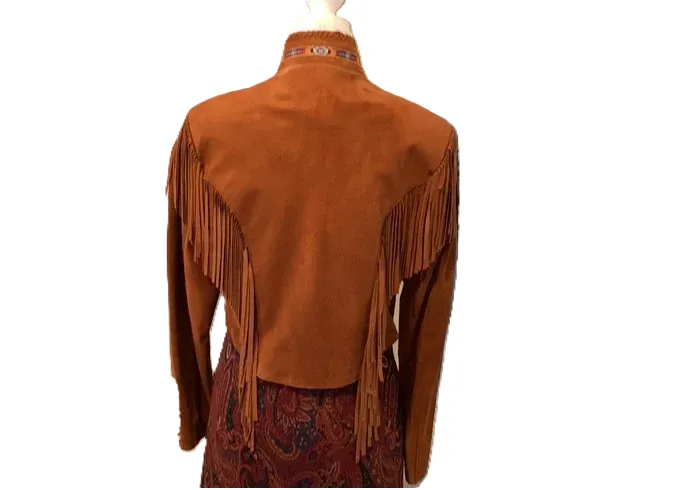 Western Fringe Brown Suede Leather Bone Beaded Jacket for Women WFJ518