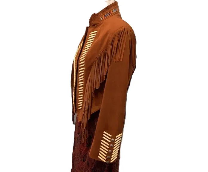Western Fringe Brown Suede Leather Bone Beaded Jacket for Women WFJ518