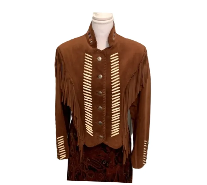Western Fringe Brown Suede Leather Bone Beaded Jacket for Women WFJ518