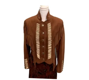 Western Fringe Brown Suede Leather Bone Beaded Jacket for Women WFJ518