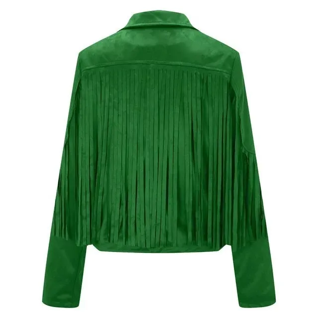 Western Fringe Green Leather Jacket for Women WFJ402