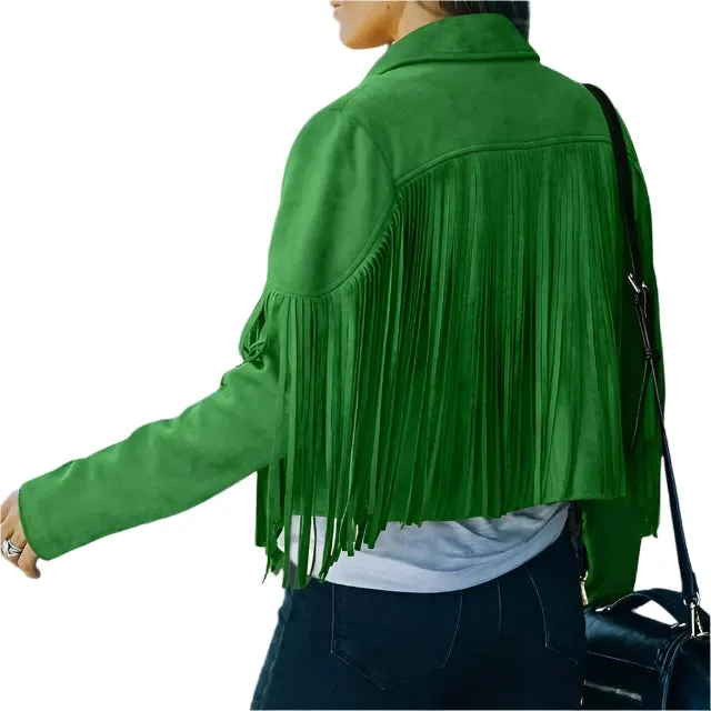 Western Fringe Green Leather Jacket for Women WFJ402