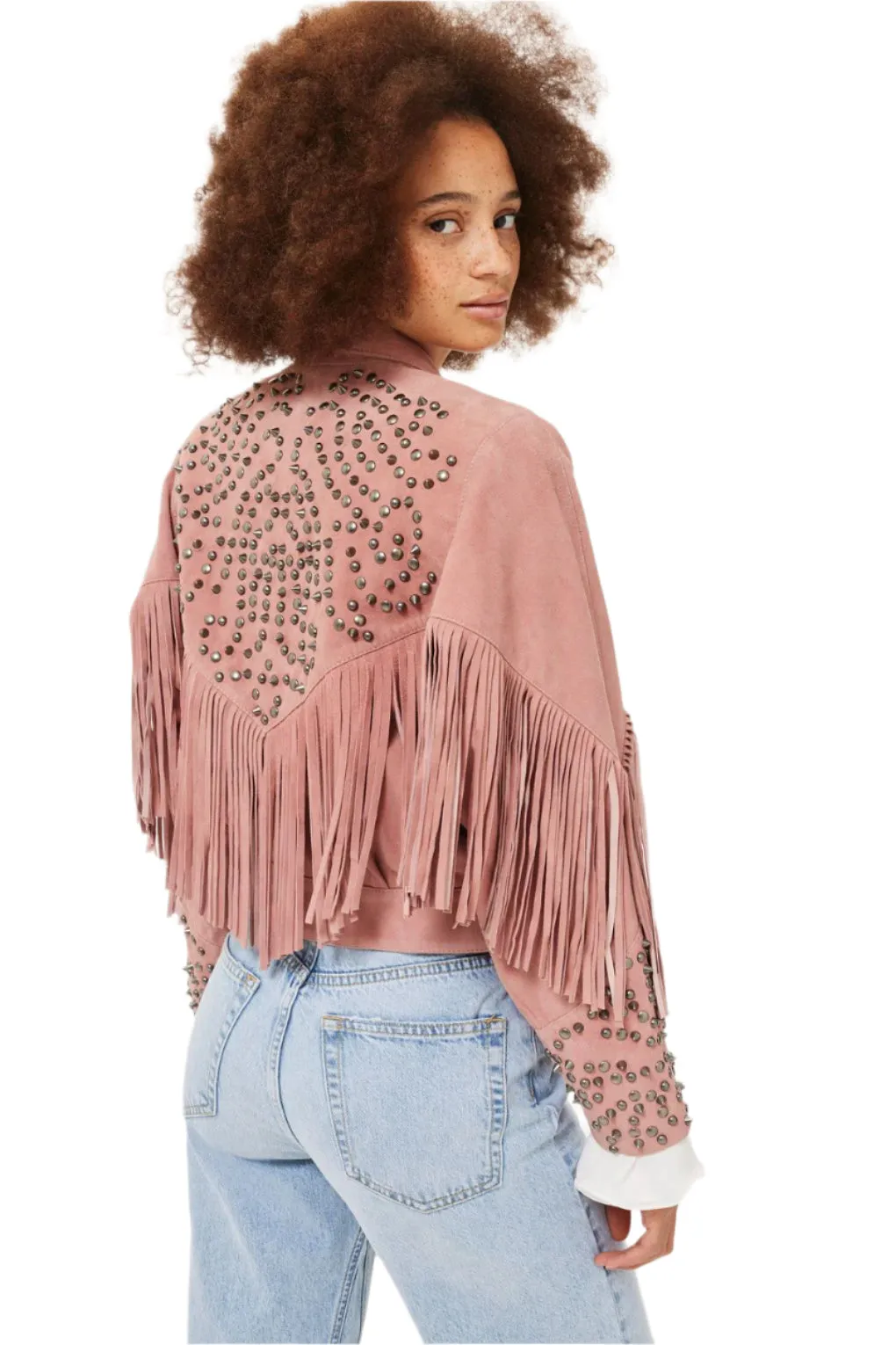 Western Fringe Pink Suede Leather Studded Jacket for Women WFJ905