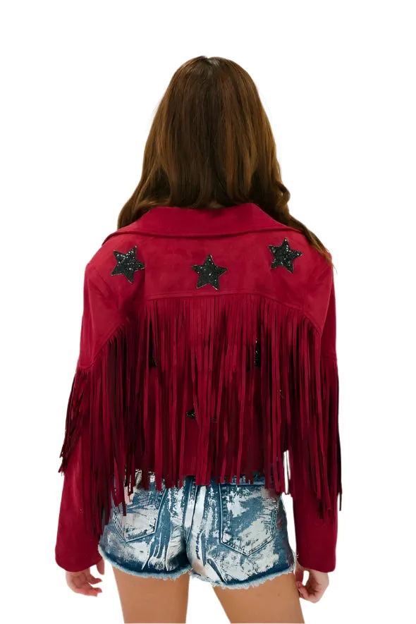 Western Fringe Red Suede Leather Jacket for Women WFJ909