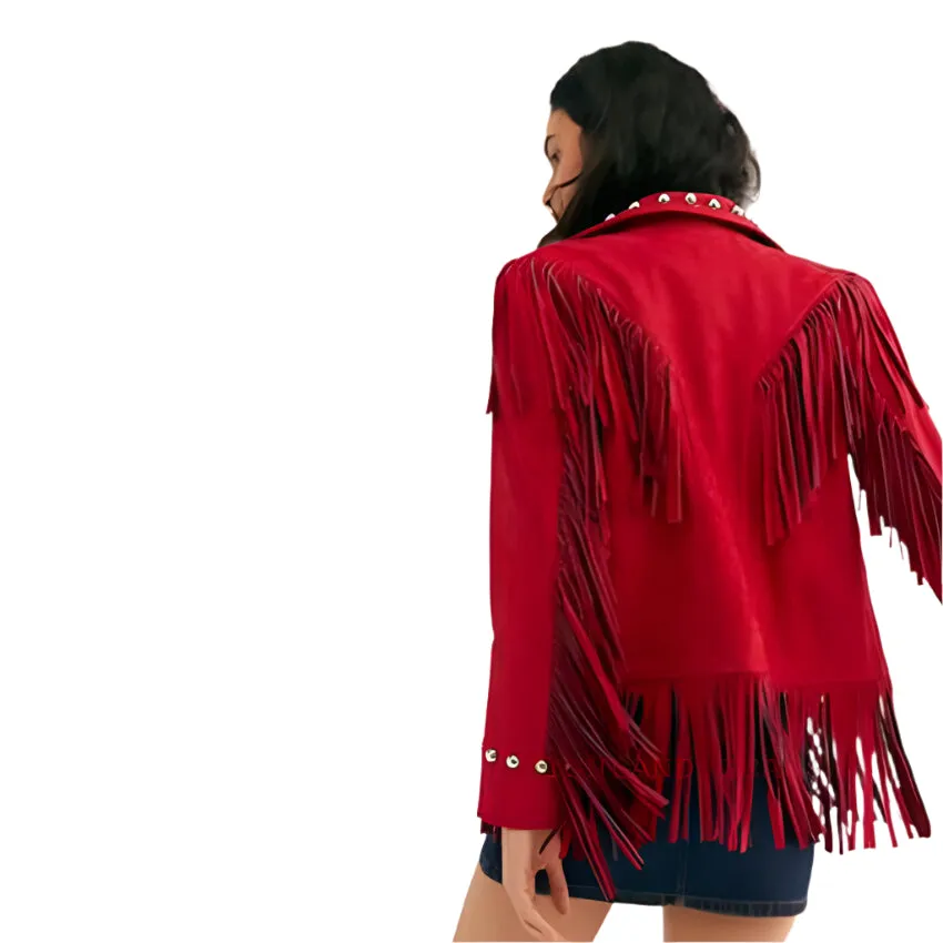 Western Fringe Red Suede Leather Studded Jacket for Women WFJ823