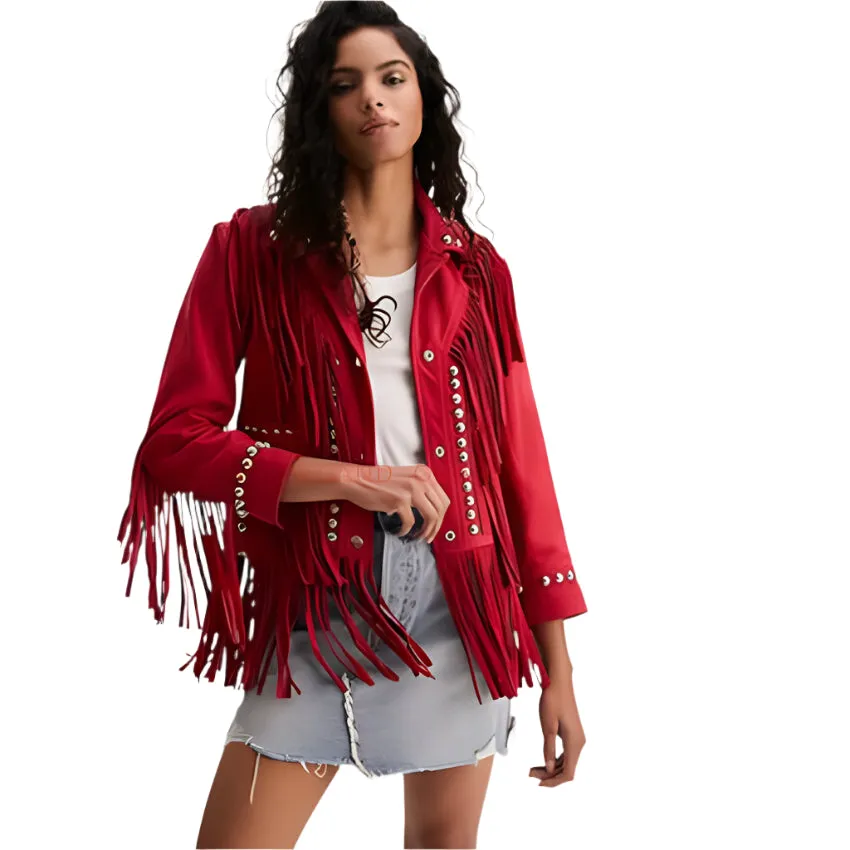 Western Fringe Red Suede Leather Studded Jacket for Women WFJ823