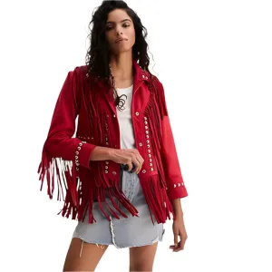 Western Fringe Red Suede Leather Studded Jacket for Women WFJ823